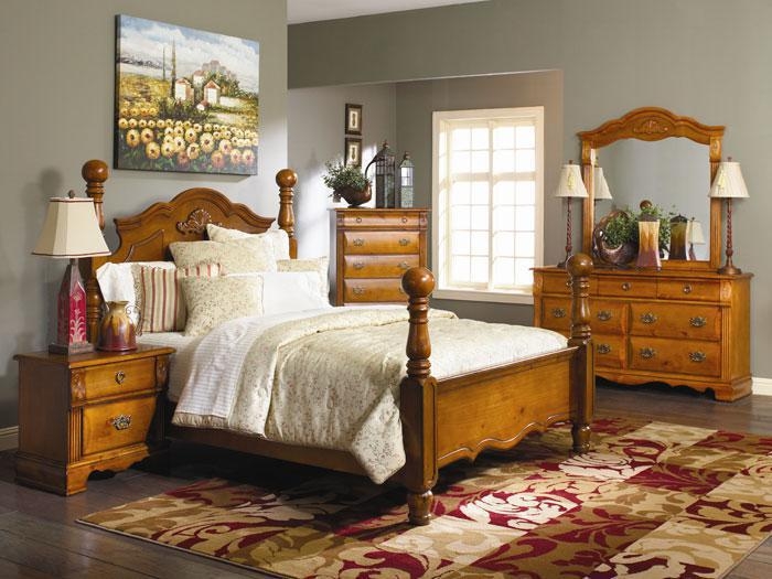 Bedroom Set Four Poster Shell Carving Ball Finials Traditional Honey Pine