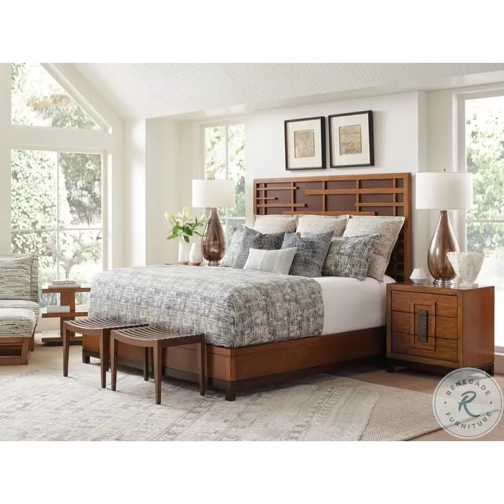 Bedroom Set: Geometric Grid Headboard, Slatted Benches, Asian Fusion