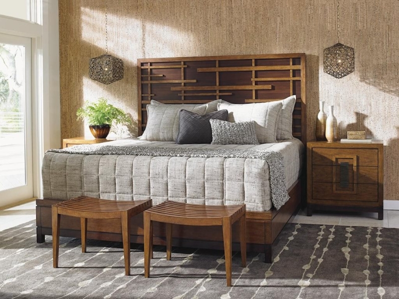 Bedroom Set: Geometric Slatted Headboard, Curved Slatted Benches