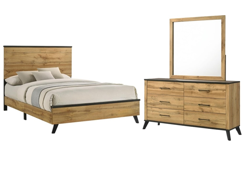 Bedroom Set Horizontal Pine Grain Tapered Legs Minimalist Black Mid-Century