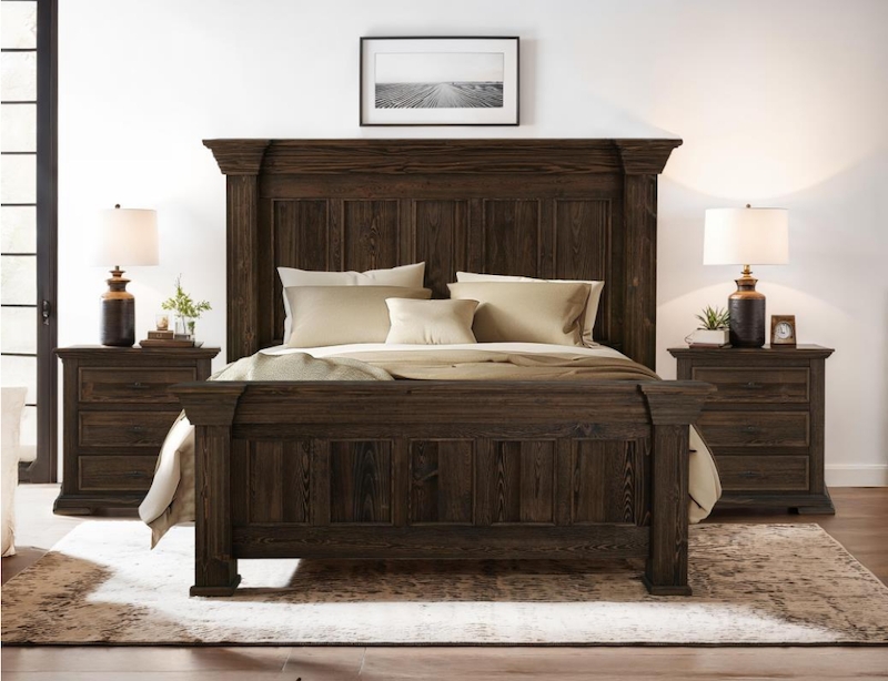 Bedroom Set Paneled Headboard Crown Molding Espresso Brown Modern Organic