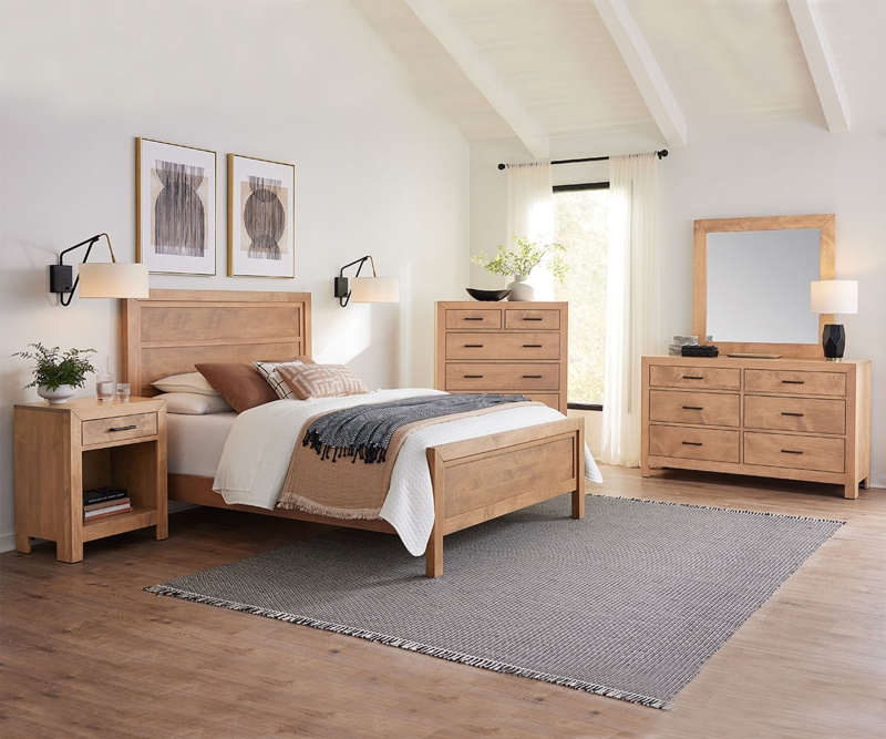 Bedroom Set Slim Black Pulls Warm Oak Tone Panel Headboard