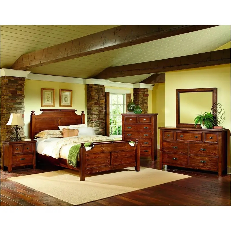 Bedroom Set Stacked Stone Accents Panelled Headboard Chestnut Brown Rustic