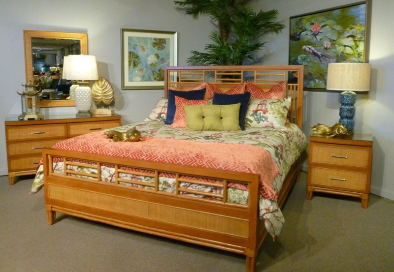Bedroom Set Tropical Island Lattice Headboard Grasscloth Texture