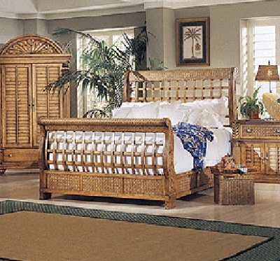 Bedroom Set Tropical Lattice Weave Headboard Sleigh Silhouette