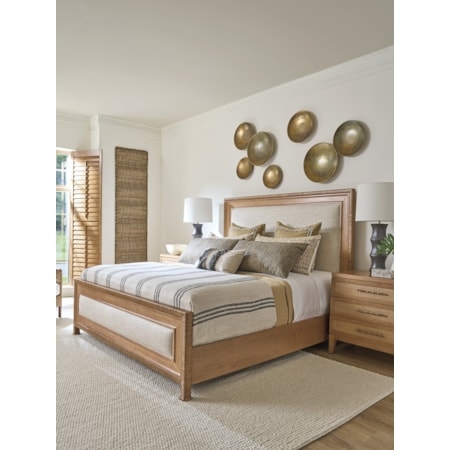 Bedroom Set Upholstered Wood Toned Inset Fabric Panels Coastal