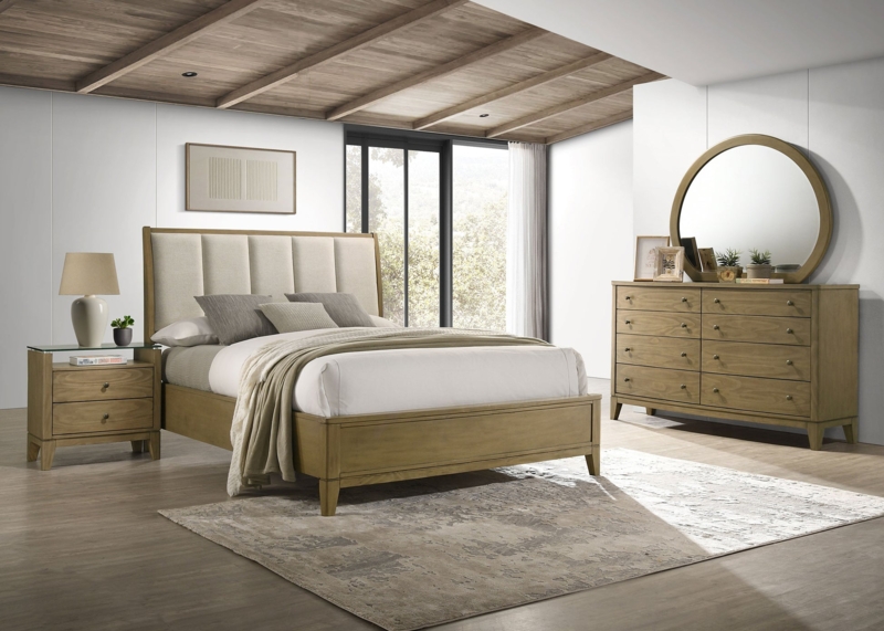 Bedroom Set Vertical Channeled Headboard Round Mirror Natural Pine Modern