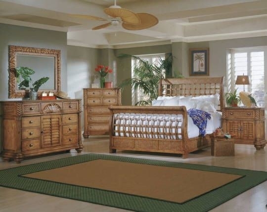 Bedroom Set Woven Rattan Inserts Shuttered Dresser Panels Tropical