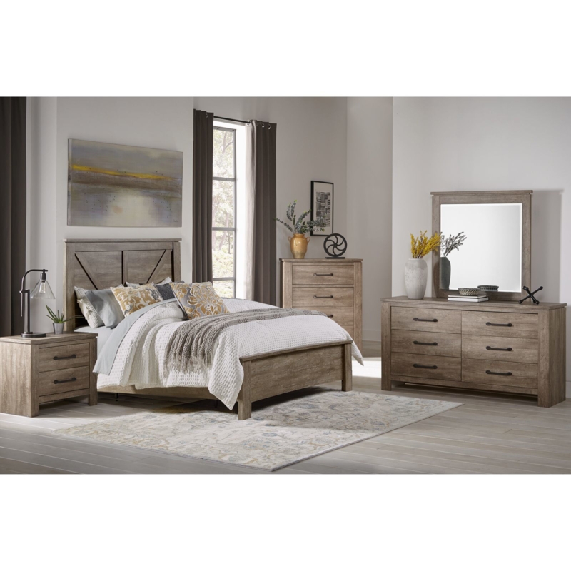 Bedroom Set X-Brace Headboard Driftwood Grey Finish Bar Pulls Farmhouse