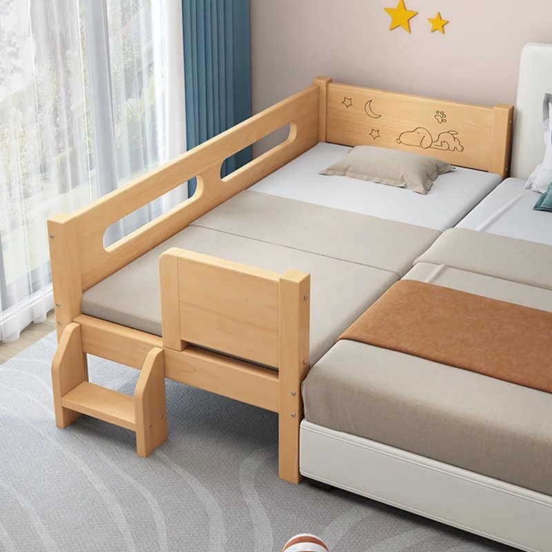 Bedside Toddler Bed Extension in Natural Wood with Engraved Headboard
