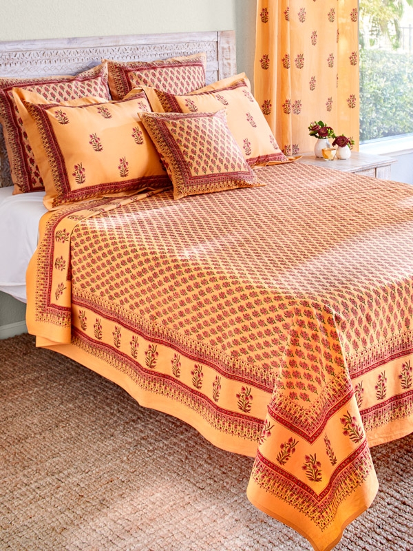 Bedspread Lightweight Saffron Hand Block Print Floral Farmhouse