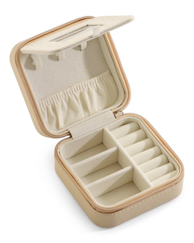 Beige Jewelry Travel Case, Textured Cross-Hatch with Internal Mirror
