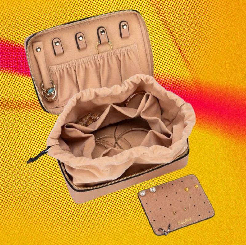 Beige Leather-Like Jewelry Organizer, Saffiano Texture & Drawstring Pouch