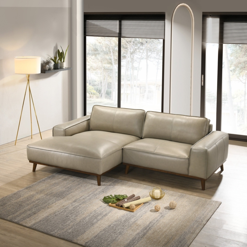 Beige Leather Sectional Left Facing Chaise Tapered Legs Exposed Frame
