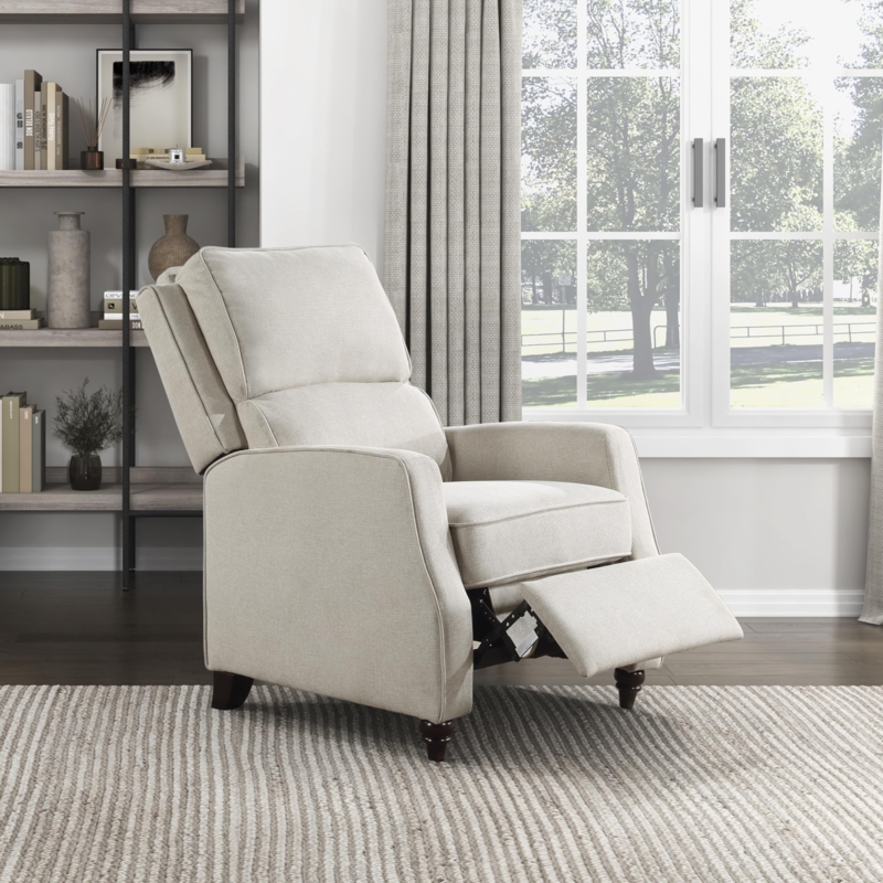 Beige Push Back Recliner with Turned Front Legs and Piped Seams