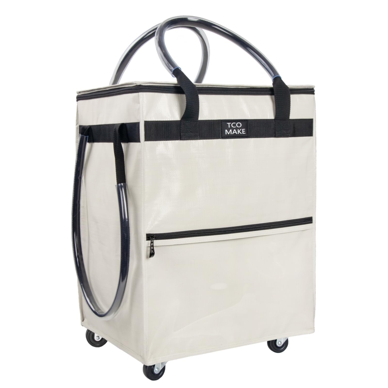 Beige Rolling Grocery Bag with Clear Loop Handles and Swivel Wheels
