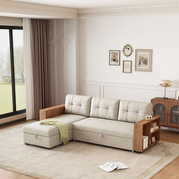 Beige Sectional Sleeper Sofa featuring Integrated Armrest Bookshelf