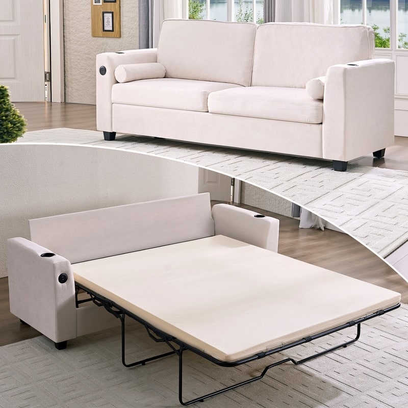 Beige Sleeper Loveseat with Cup Holders and Bolster Pillows