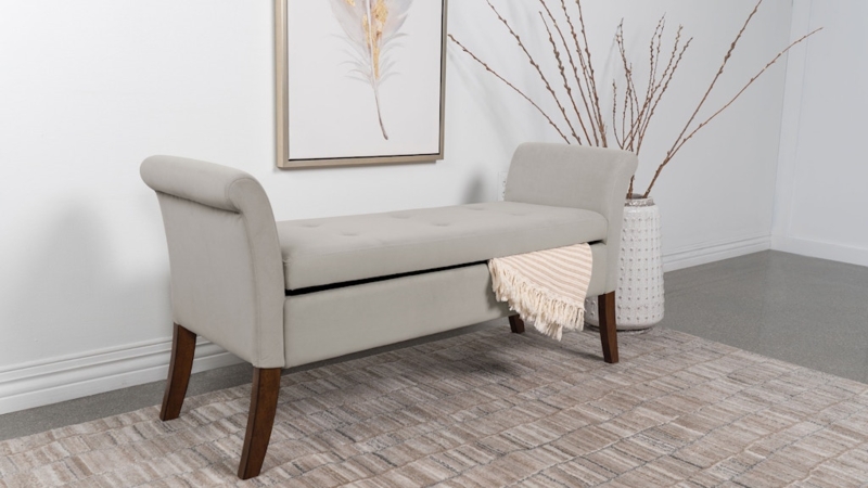 Beige Velvet Storage Bench: Transitional Style with Rolled Arms