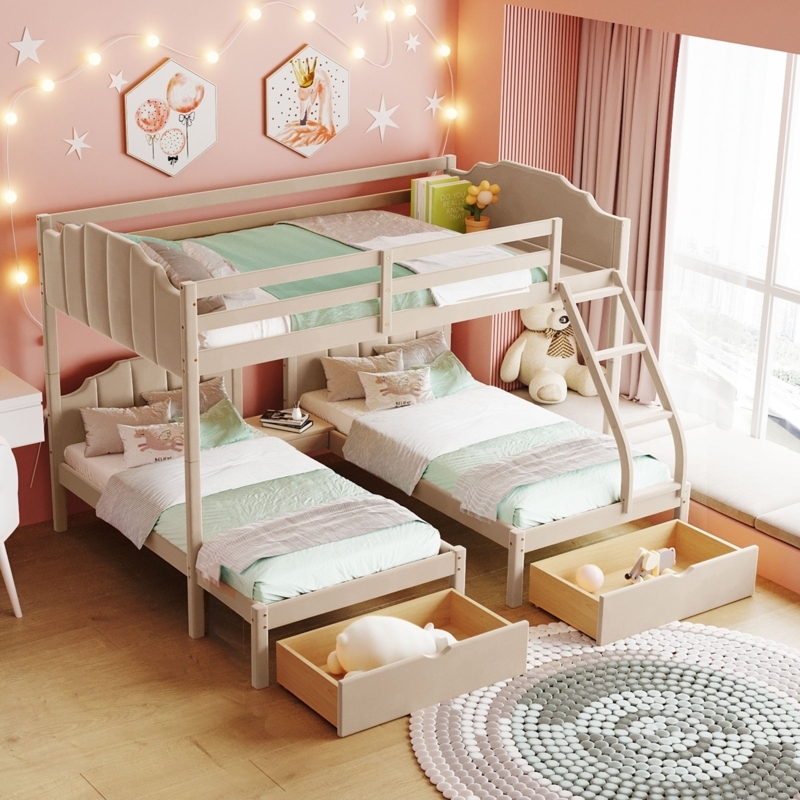 Beige Velvet Triple Bunk Bed Upholstered Fluted Panels