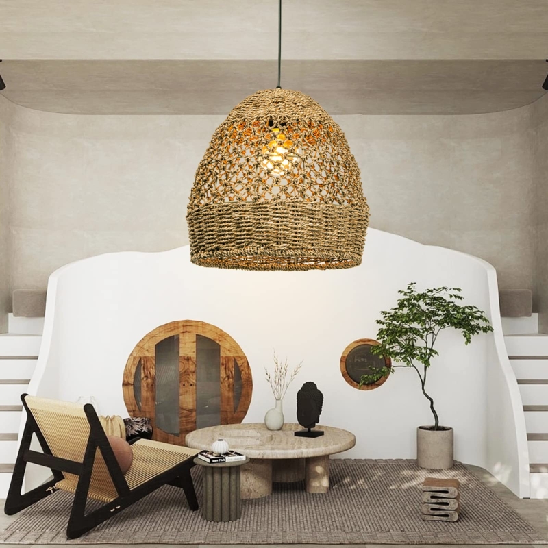 Bell Pendant Light Woven Band Seagrass Rattan Wabi Sabi