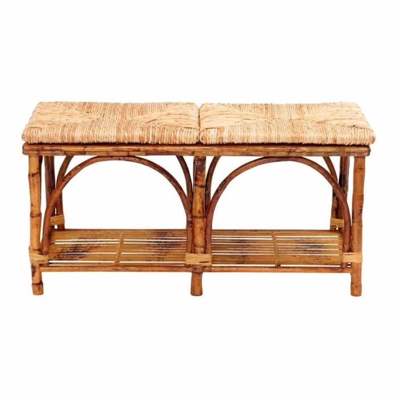 Bench Arched Bamboo Frame Woven Rush Seat Slatted Lower Shelf