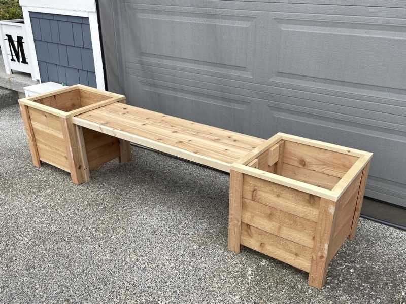 Bench Planter Mitered Trim Natural Wood Slatted Seat Rustic Farmhouse