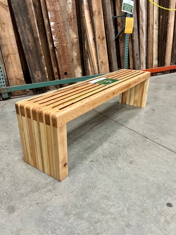 Bench: Waterfall Edge, Slatted Top, Modern Industrial Style.