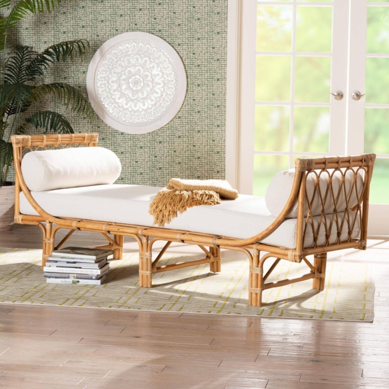 Bent Rattan Daybed, Open Trellis Design, Cylindrical Bolsters