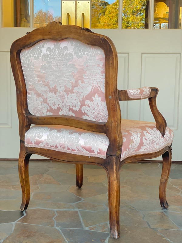 Bergere Armchair Louis XV Pink Brocade Distressed Wood Frame Cabriole