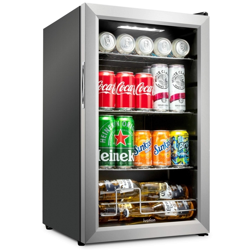 Beverage Refrigerator Glass Door Brushed Stainless Frame Internal LED