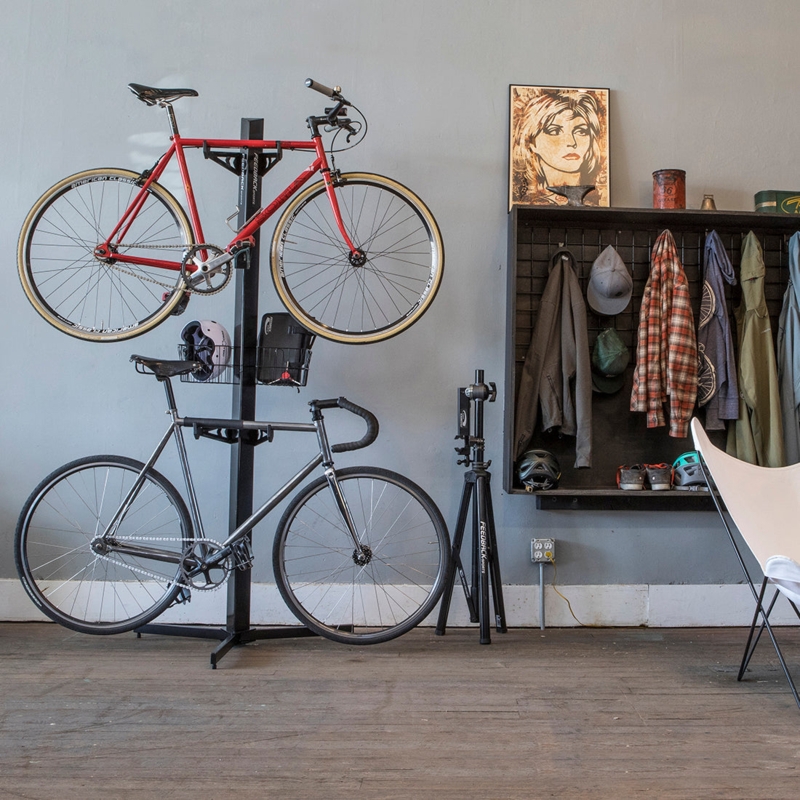 Bike Rack Tripod Base Vertical Dual Mount Stand Integrated Baskets