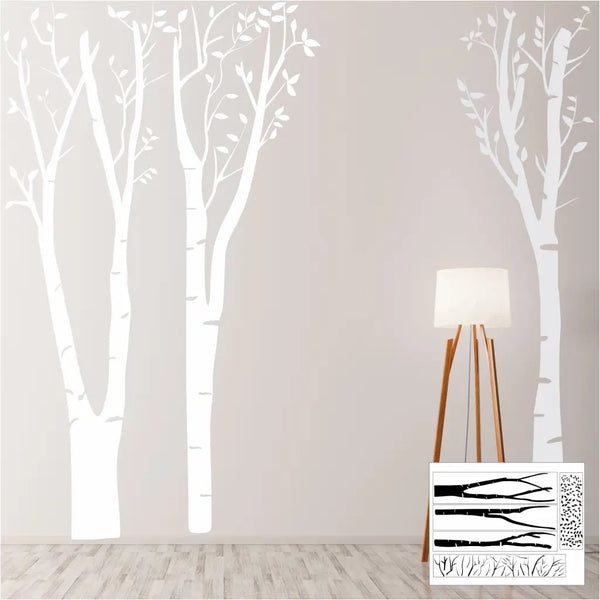 Birch Tree Wall Decal, White Silhouette Floor To Ceiling Scale