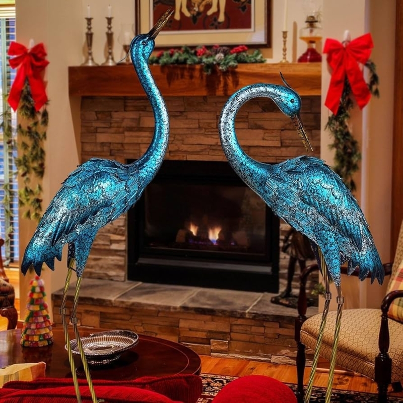 Bird Statue Blue Metal Heron Vibrant Teal Distressed Metallic Tall Slender