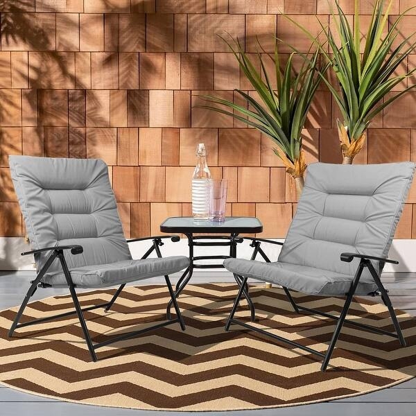 Bistro Set 3-Piece Folding Chairs Slate Grey Padded Channels Glass Table
