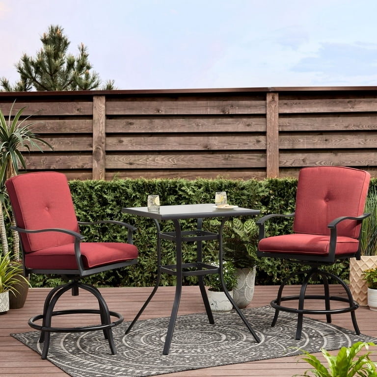Bistro Set Chili Red Cushions Button Tufted Swivel Chairs Glass Top