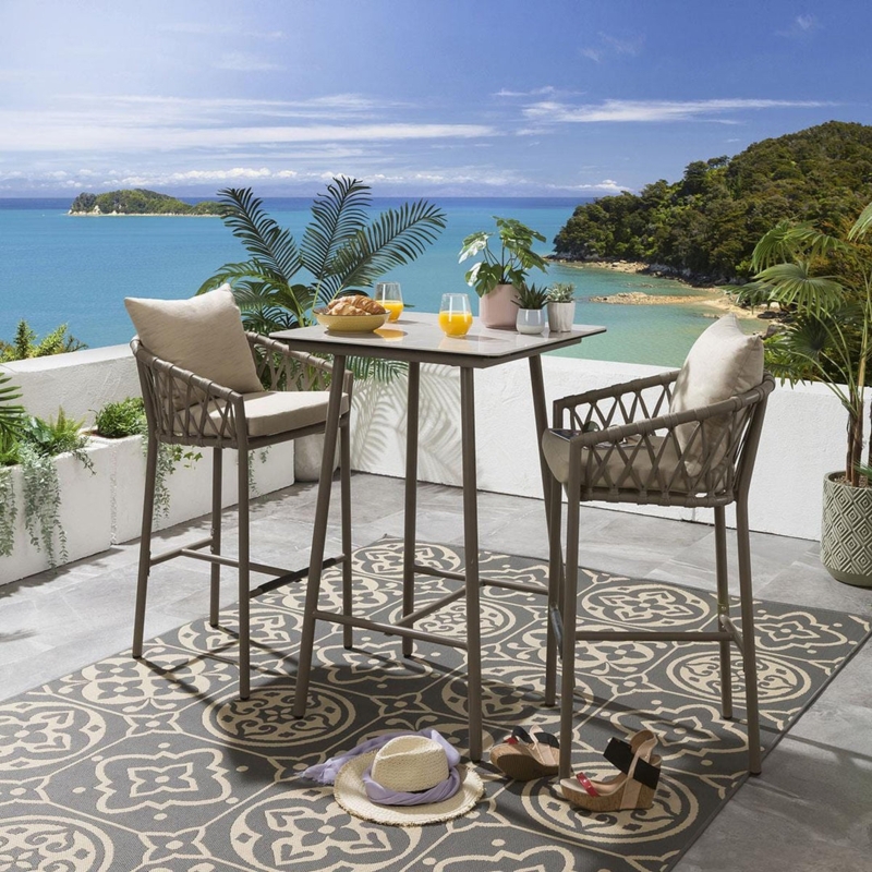 Bistro Set Diamond Weave Sides Warm Beige Metal Frame Square Top