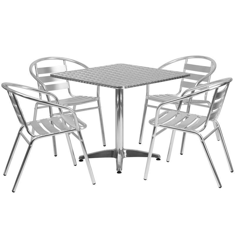 Bistro Set Industrial Metal with Diamond Plate Top and Slat Back Chairs