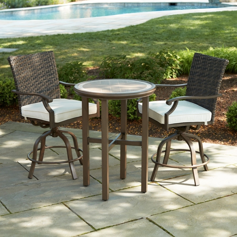 Bistro Set Inlaid Top Espresso Brown Wicker Swivel Stools Bronze