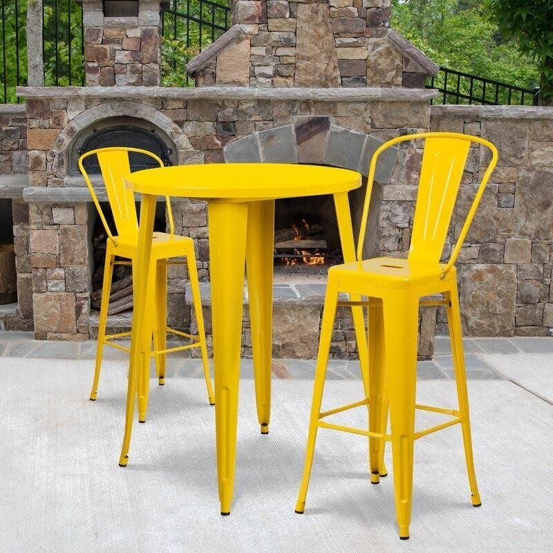 Bistro Set Lemon Yellow Metal Glossy Finish Slat Back Industrial