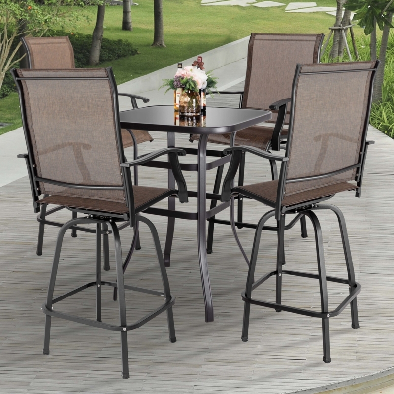 Bistro Set Mesh Sling High Back Swivel Chairs Glass Top Walnut Brown