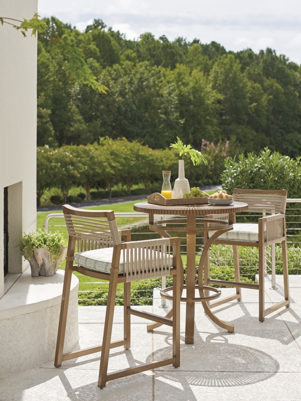 Bistro Set Pedestal Base Woven Cord Detail Warm Honey Wood Tone