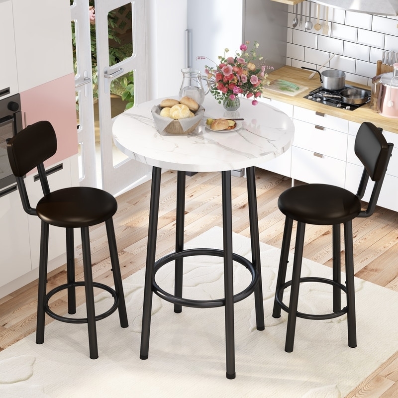 Bistro Set Slim Black Profile White Marble Pattern Top Design