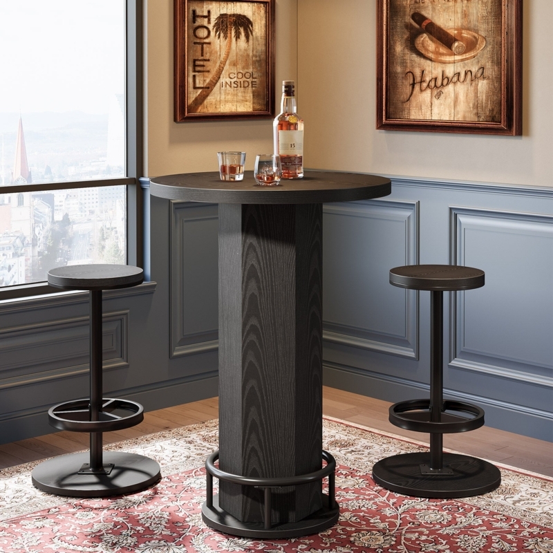Bistro Set: Unique Hexagonal Pedestal Bar Table, Espresso Finish.