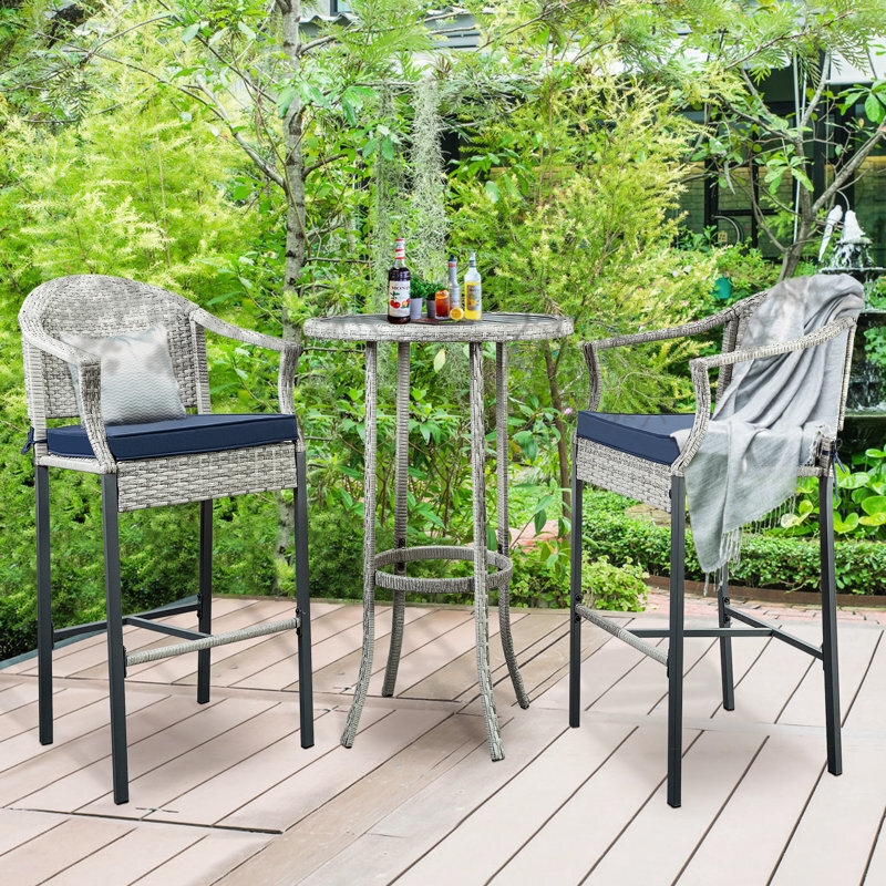 Bistro Set Woven Gray Texture Navy Blue Cushions Pedestal Base