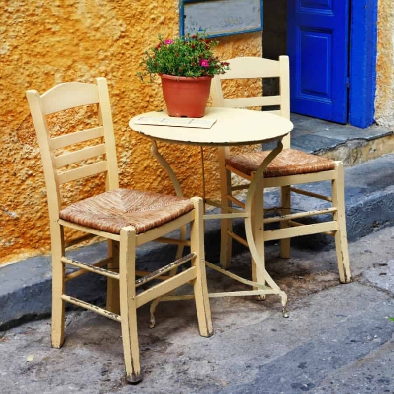 Bistro Set: Woven Seat Chairs, Distressed Cream Finish. Rustic Bistro Set.