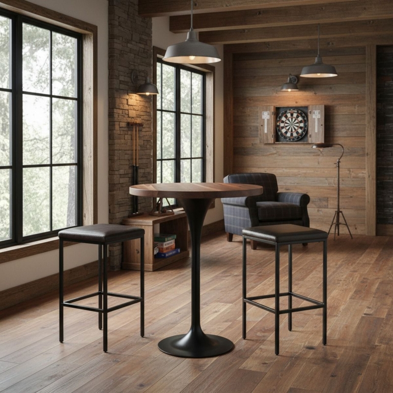 Bistro Table: Trumpet Base with Walnut Toned Top. Modern Industrial Style.