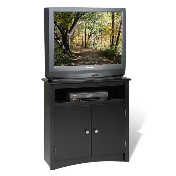 Black Corner TV Cabinet: Tall Media Storage Stand with Arched Apron