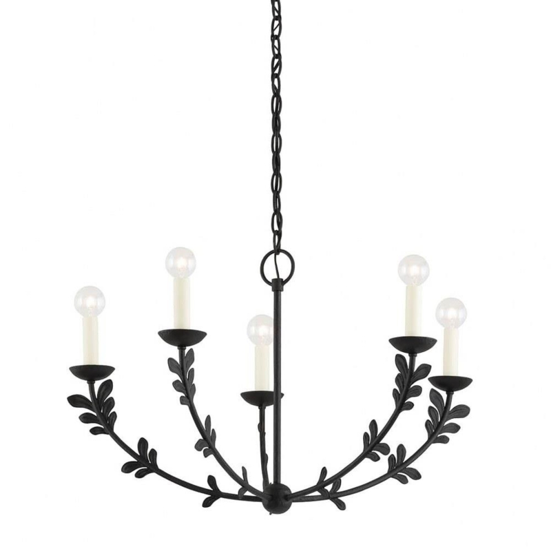 Black Leaf Chandelier: Matte Finish, Five Light Candle Fixture.