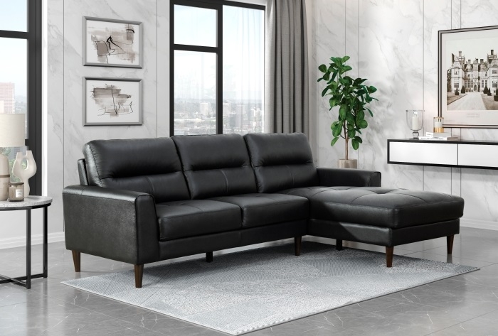 Black Leather-Like Sectional Right Facing Chaise Tapered Walnut Legs
